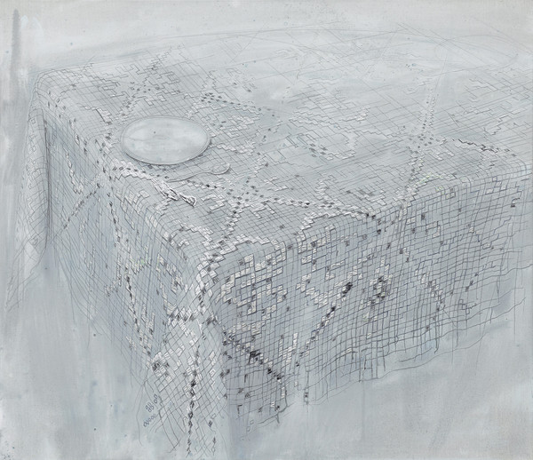 Michael Raedecker gebruikte materiaal acrylverf en draad 102x118cm.jpg