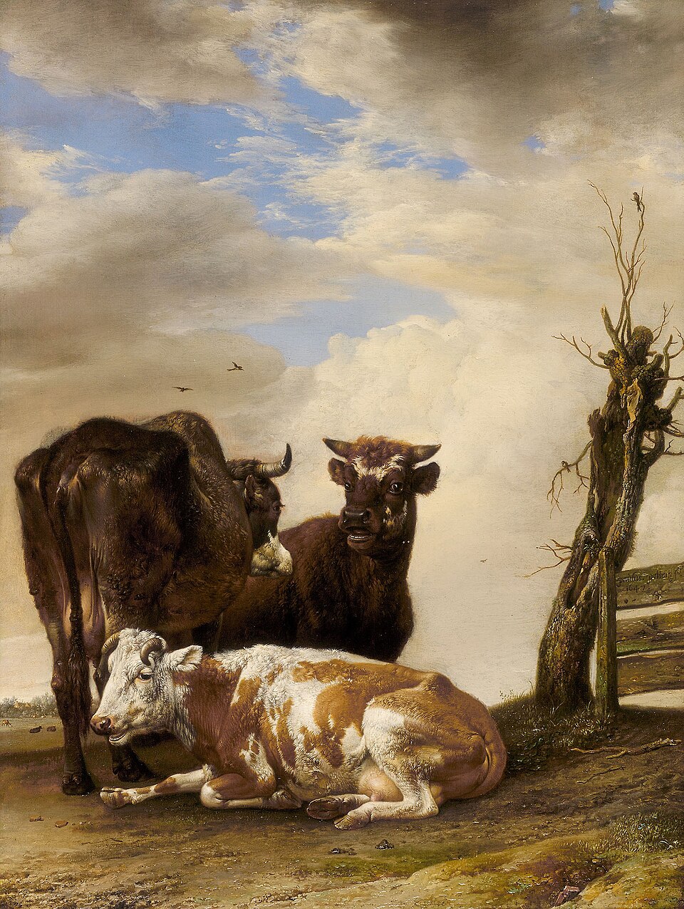 Twee koeien en een stier bij een hek naast een kale boom 1647