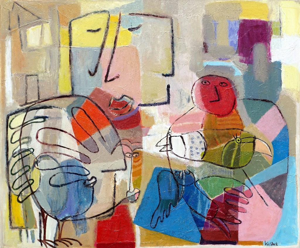 Kijk haar nou! Pronken met je veren - 2019 mixed media 100 x 120 cm - Iris Slock